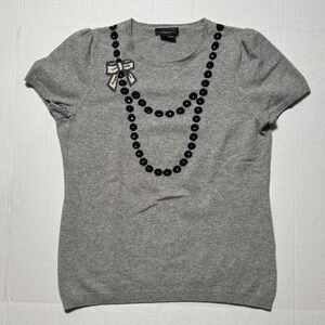 CASHMERE by BLOOMINGDALES Gray Crewneck Sweater Bow Beaded Necklace Graphic LG